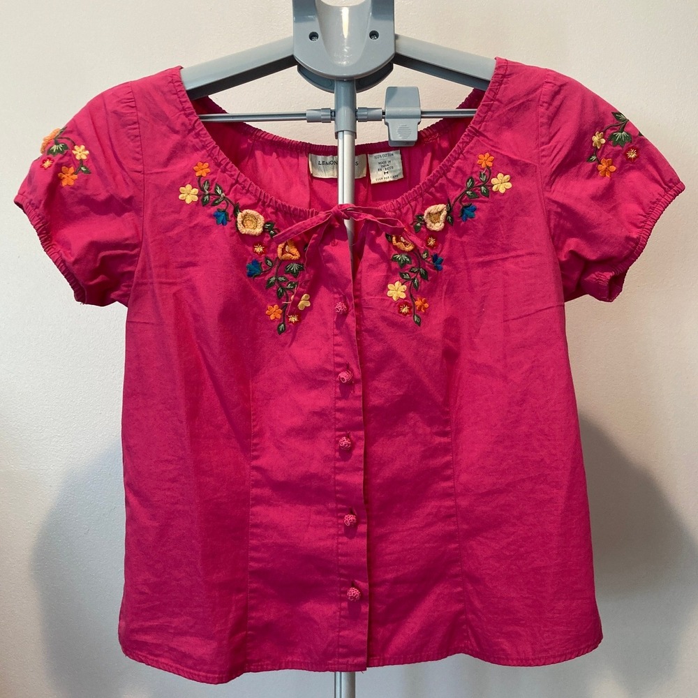 VTG Lemon Grass Fuschia Pink Embroidered Floral Blouse Cottagecore Fairycore 90s